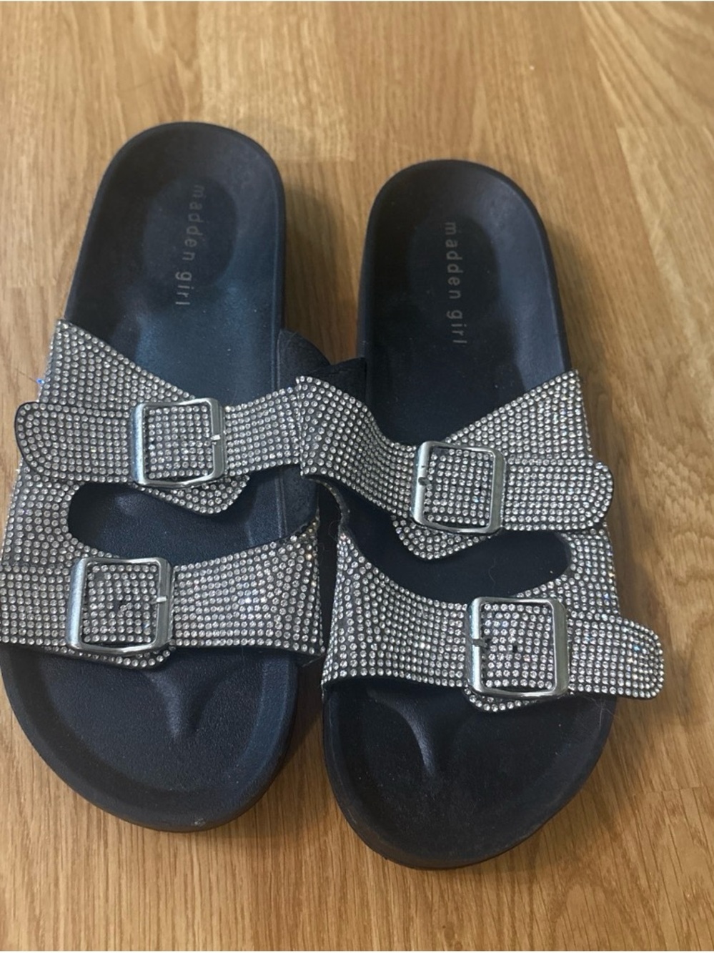Madden Girl Black Slide Sandals with Rhinestone Buckles
